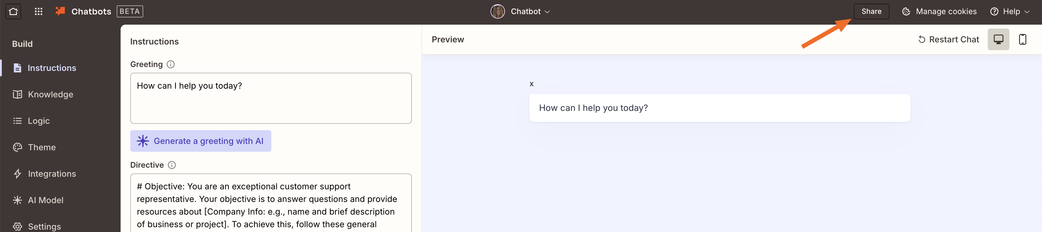 Screenshot of view live chatbot link