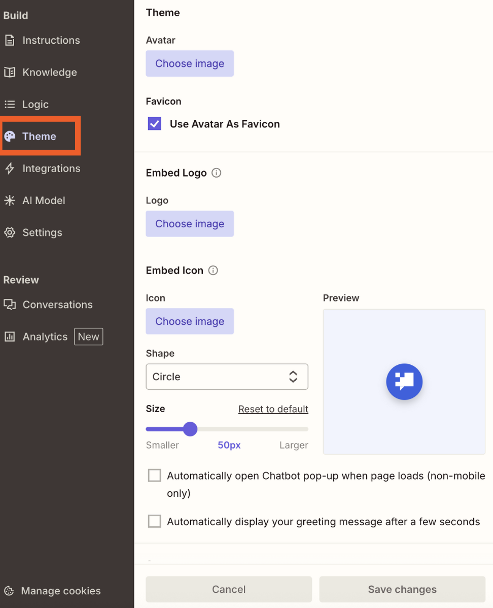 Screenshot of theme tab