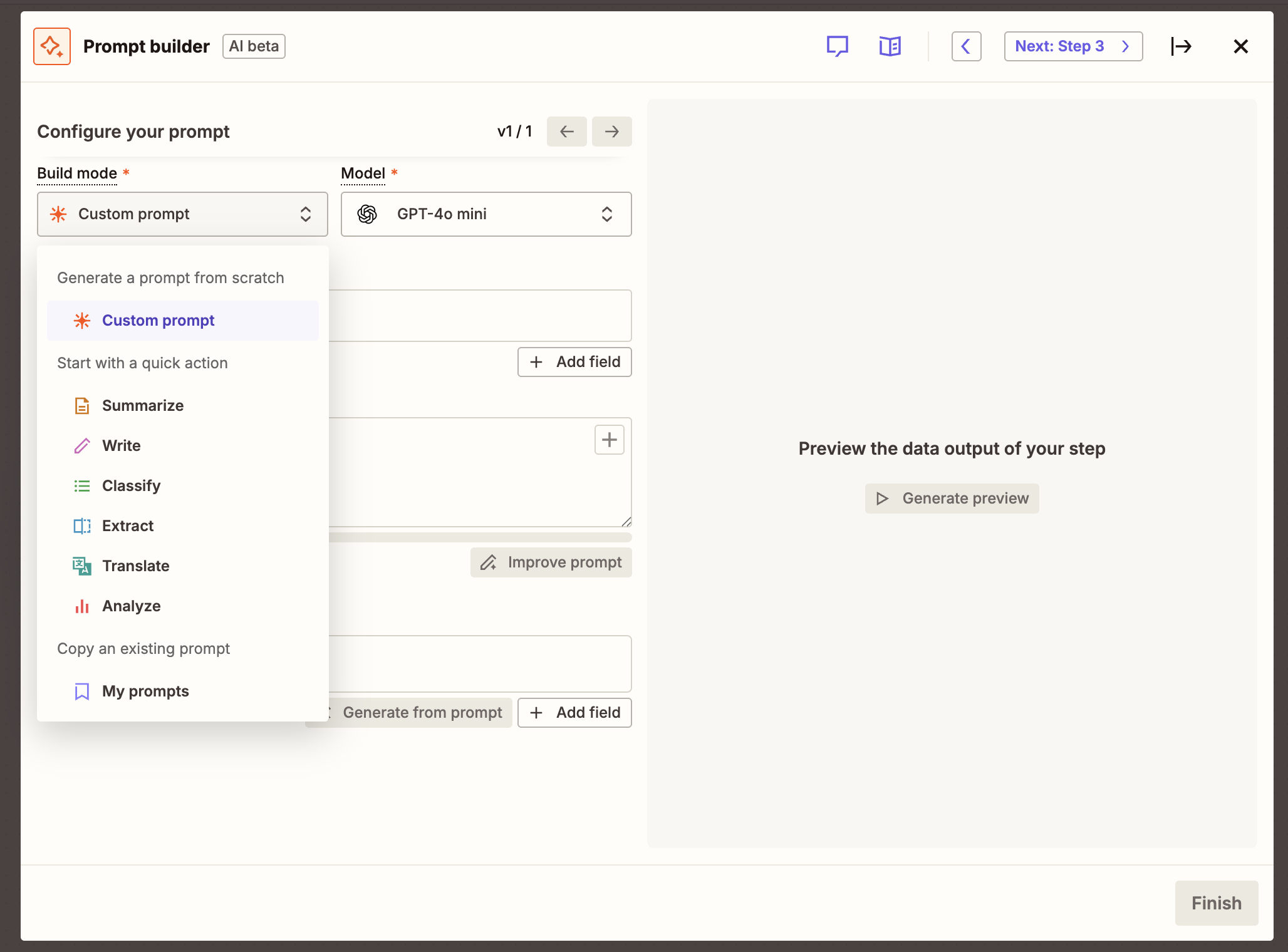 A window with fields for generating and configuring an AI prompt