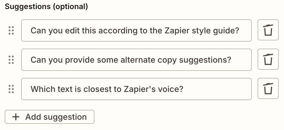 A list of suggested text for a Zapier chatbot.