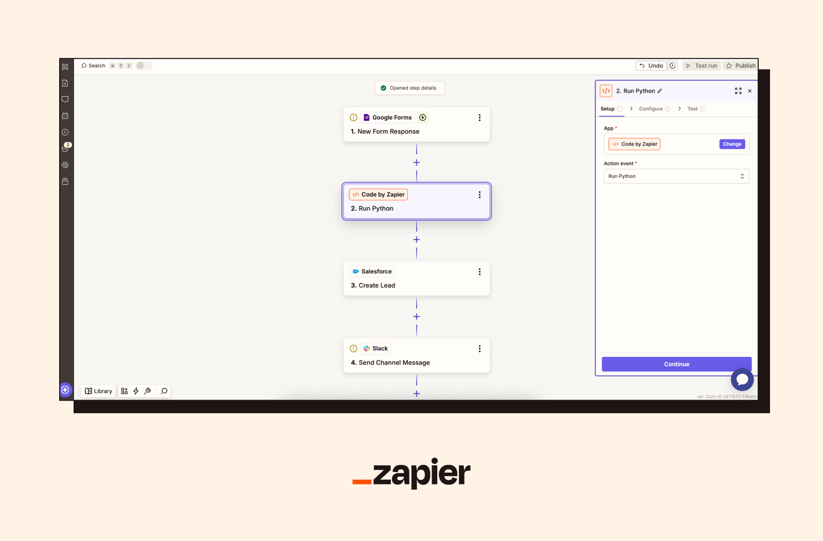 Screenshot of a Zapier sales and marketing workflow automation