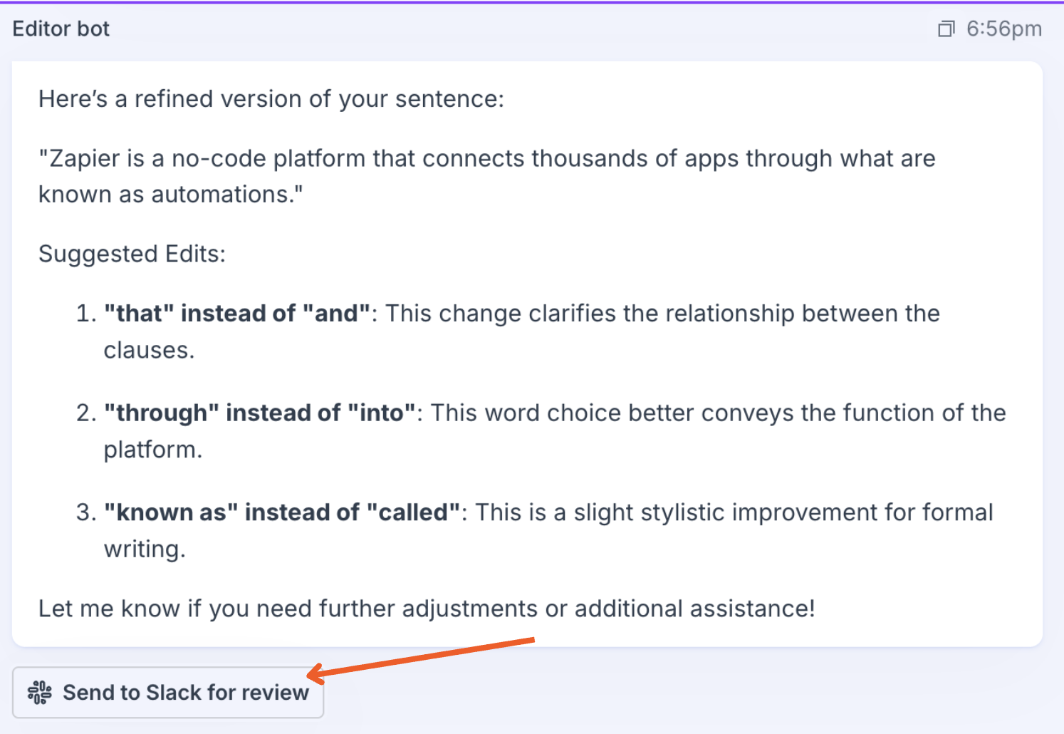 Screenshot of Slack review button