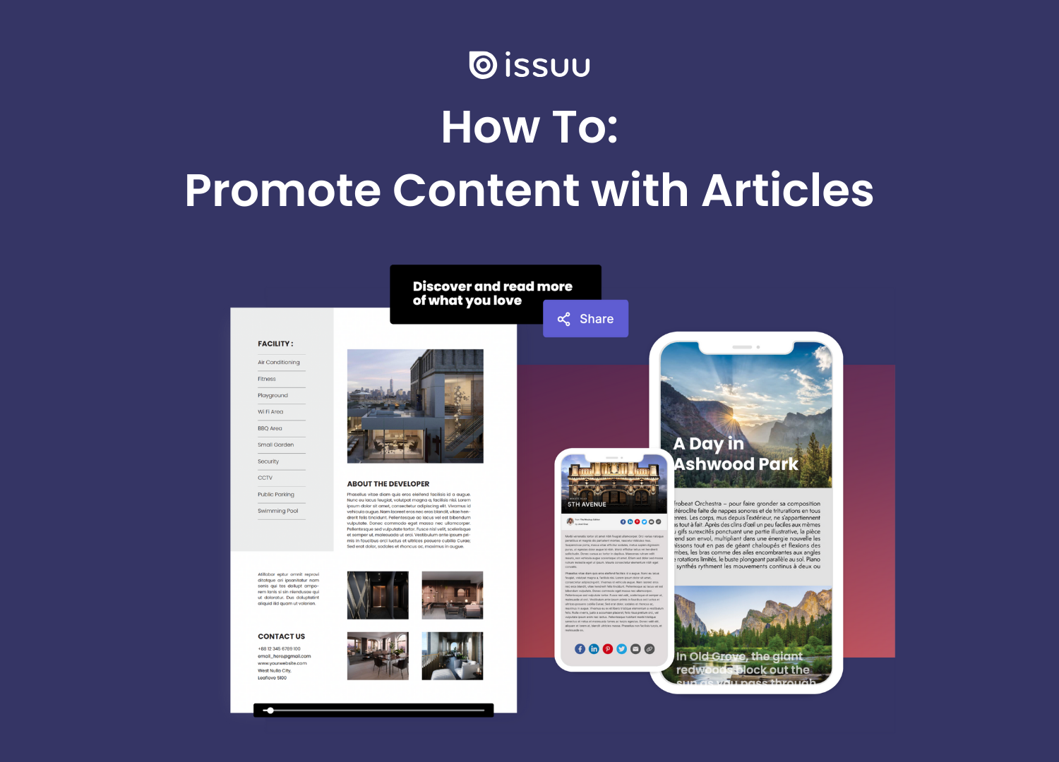 Articles feature UI elements on dark purple background