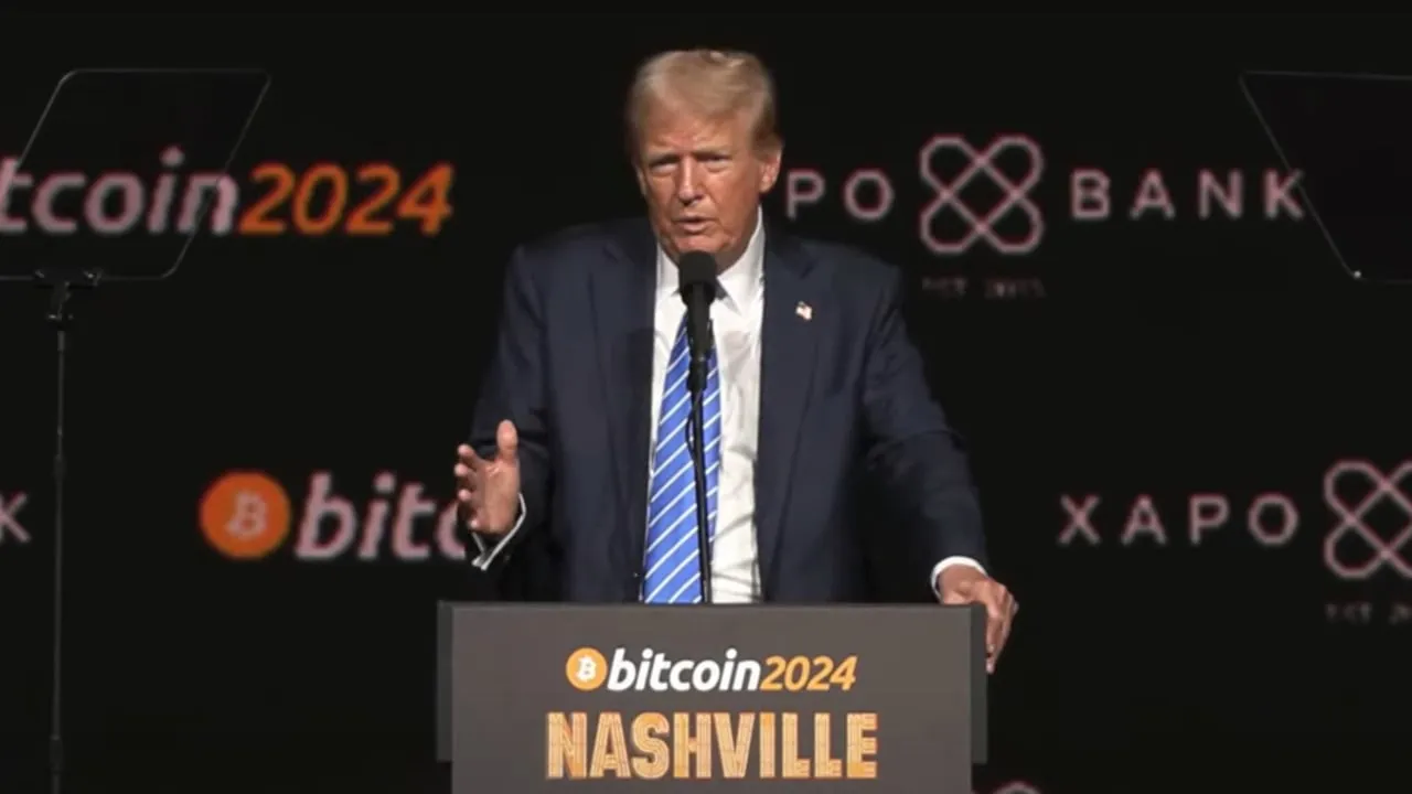 Donald Trump onstage at Bitcoin 2024. Image: Bitcoin 2024