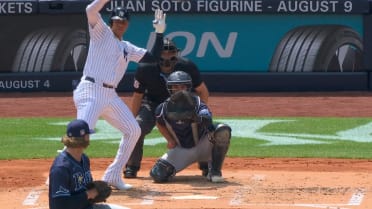 Juan Soto swipes at a bee in the batter's box