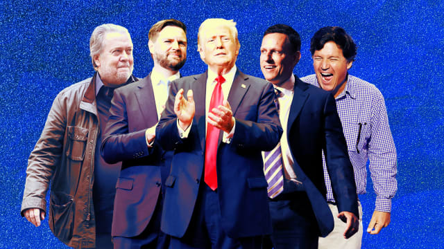 From left to right: Steve Bannon, J.D. Vance, Donald Trump, Peter Thiel, and Tucker Carlson