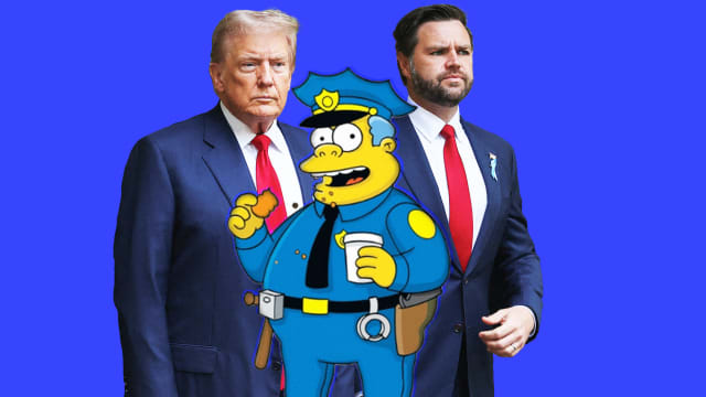 A photo illustration of Chief Wiggum of the Simpsons, Donald Trump, and JD Vance.