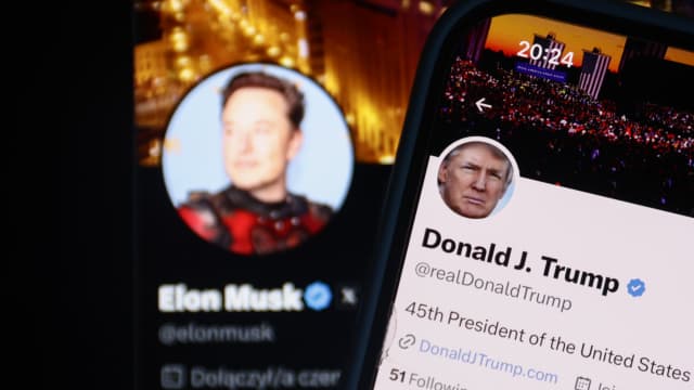 Elon Musk account on X displayed on a laptop screen and Donald Trump account