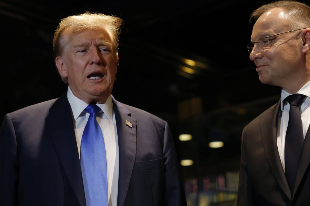 Former President Donald Trump speaks as he meets with Polish President Andrzej Duda at Trump Tower on April 17, 2024 in New York City.