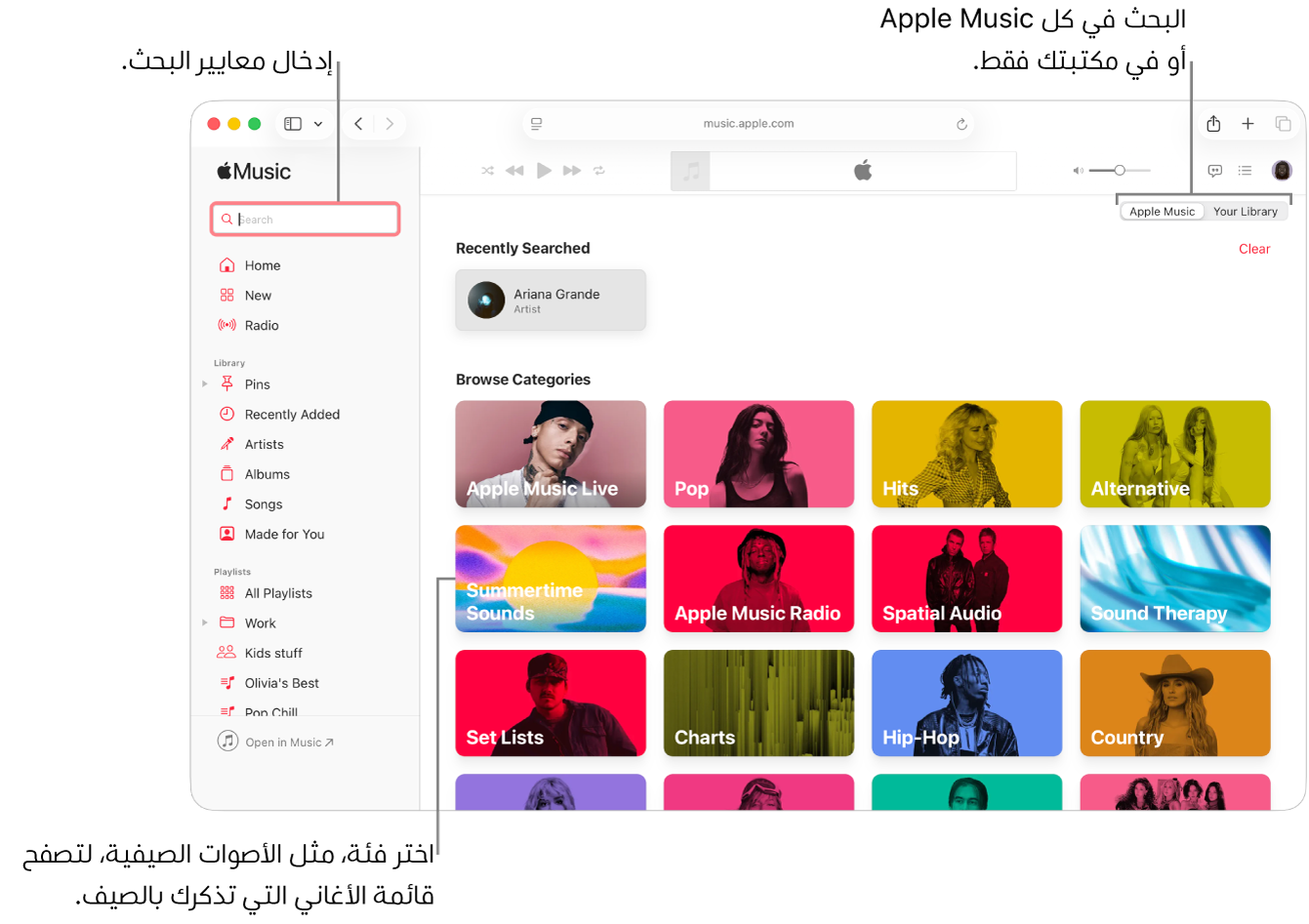 نافذة Apple&nbsp;Music تعرض حقل البحث في الزاوية العلوية اليمنى، وقائمة الفئات في وسط النافذة، و&nbsp;Apple&nbsp;Music أو مكتبتك في الزاوية العلوية اليسرى. أدخل معايير البحث في حقل البحث، ثم اختر البحث في كل Apple&nbsp;Music أو مكتبتك فقط. بشكل اختياري، يمكنك اختيار فئة، مثل الأصوات الصيفية، لتصفح قائمة الأغاني التي تذكرك بالصيف.