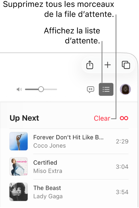 Le bouton Suivant est sélectionné en haut à droite d’Apple&nbsp;Music et la file d’attente est visible. Cliquez sur le lien Effacer en haut de la liste pour supprimer tous les morceaux de la file d’attente.