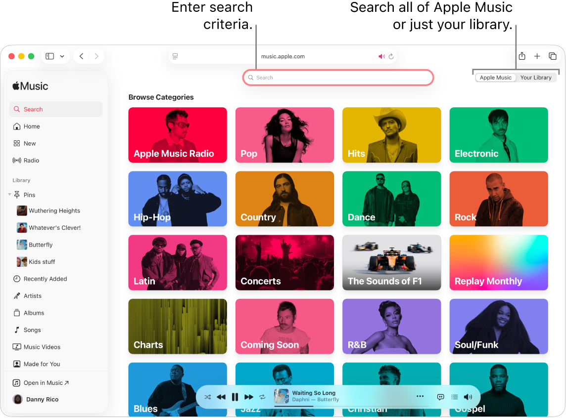 The Apple Music window showing the search field at the top, the list of categories in the center of the window, and Apple Music and Your Library in the top-right corner. 