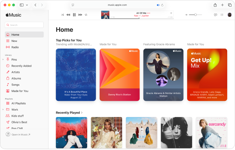 The Apple Music window in Safari showing the Home screen.