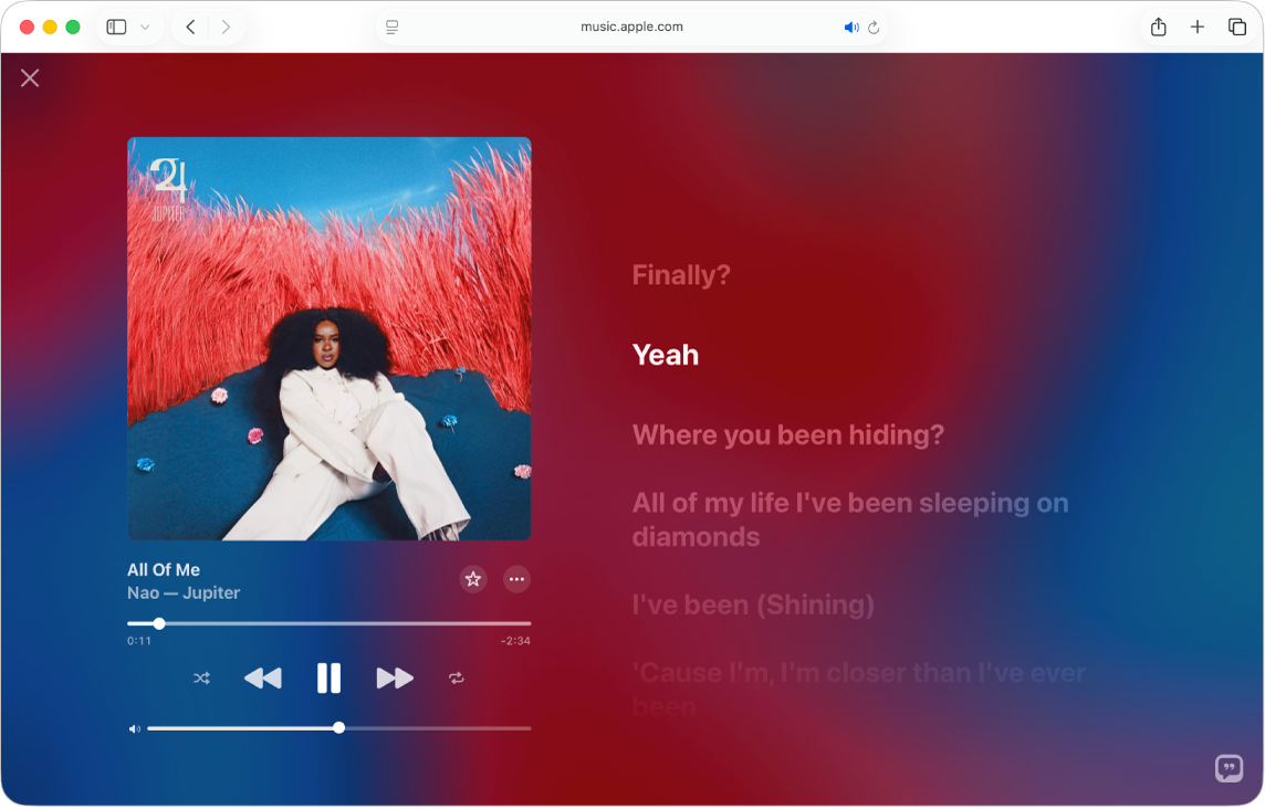 A Teljes képernyős lejátszó lejátszás alatt álló zenével, amelynek a dalszövege a jobb oldalon jelenik meg tökéletesen időzítve a zenéhez.