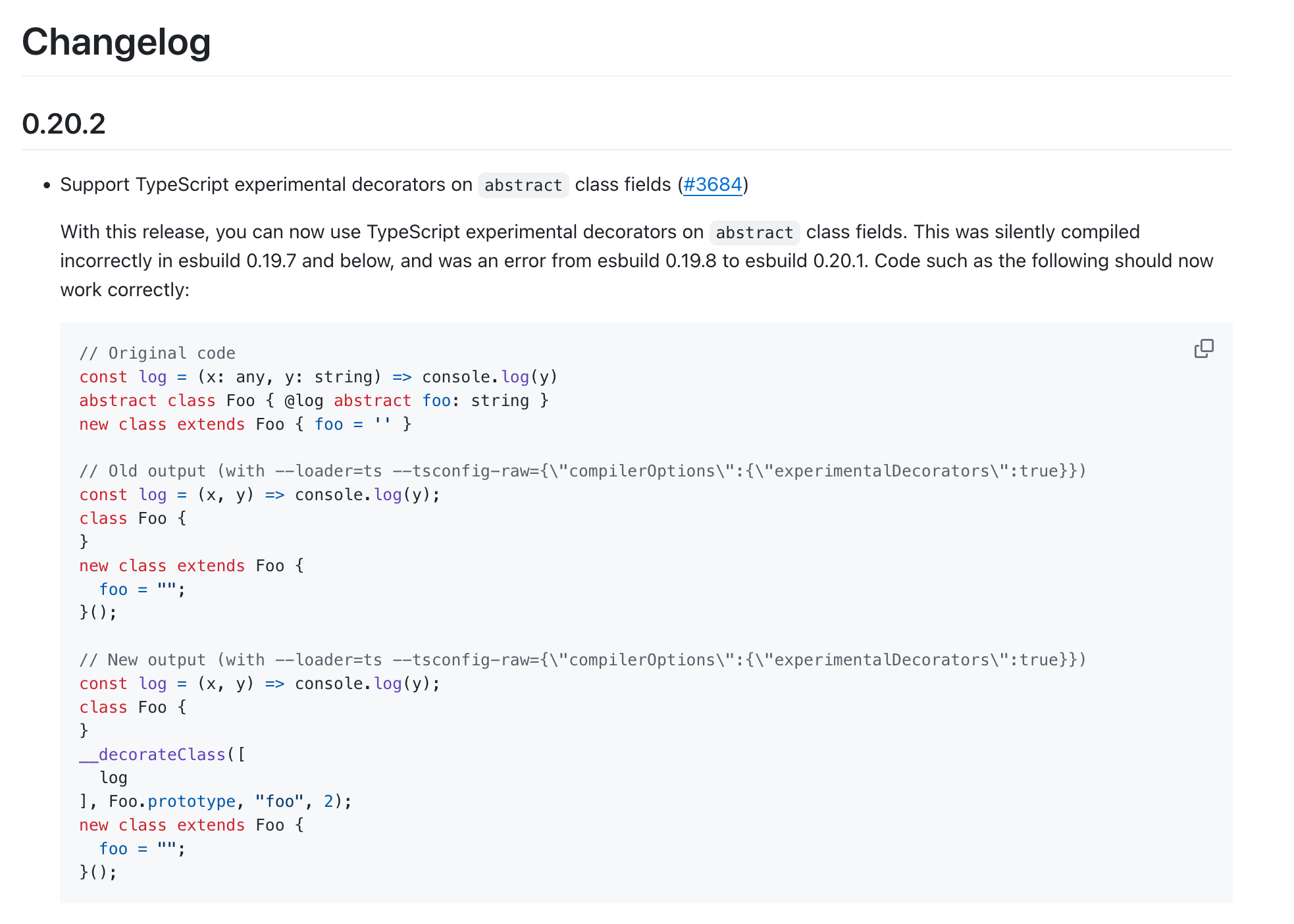 An entry in the esbuild changelog with a summary, an extended description, and example code with before and after the change.