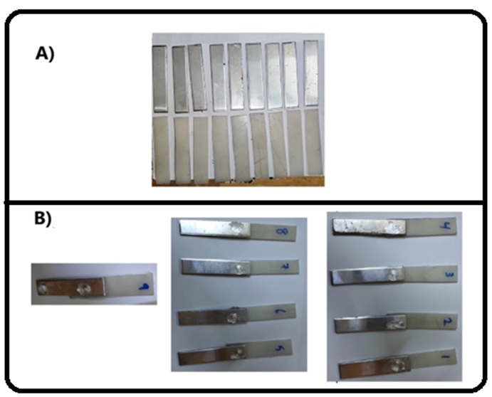 Experimental joint specimens of PE-AL; A) before joining, and B) after joining