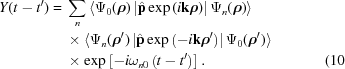 [\eqalignno{Y(t-t')={}& \sum\limits_n \left\langle \Psi_0({\boldrho}) \left| \hat{{\bf{p}}} \exp\left(i{\bf{k}}{\boldrho}\right)\right| \Psi_n({\boldrho})\right\rangle \cr& \times \left\langle \Psi_n({\boldrho}') \left|\hat{{\bf{p}}} \exp\left(-i{\bf{k}}{\boldrho}'\right)\right| \Psi_0({\boldrho}')\right\rangle \cr&\times \exp\left[-i\omega_{n0}\left(t-t'\right)\right].&(10}]