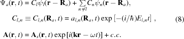 [\eqalign{ \Psi_a({\bf{r}},t)&= C_l \psi_l({\bf{r}}-{\bf{R}}_a) + {\textstyle\sum\limits_{n\,\neq\,l}} C_n \psi_n({\bf{r}}-{\bf{R}}_a),\cr C_{l,n}&\equiv C_{l,n}({\bf{R}}_a,t) = a_{l,n}({\bf{R}}_a,t)\exp\left[-({{i}/{\hbar}})E_{l,n}t\right]_{\vphantom{\big|}}, \cr {\bf{A}}({\bf{r}},t)&= {\bf{A}}_{s}({\bf{r}},t)\exp\left[i({\bf{k}}{\bf{r}}-\omega t)\right]+c.c.}\eqno(8)]