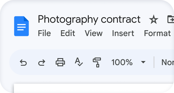Arquivo do Documentos Google com o título "Contrato de fotografia" 