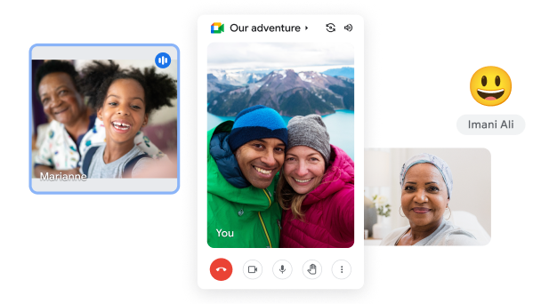 Een Google Meet-videogesprek toont 2 mensen in een idyllische bergsetting die praten met anderen. 