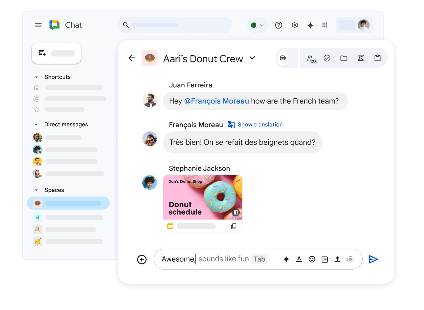 A Google Chat space titled ‘Dan’s Donut Crew’ showing a shared Google Slides deck and a message in French with an option with an option to show translation.