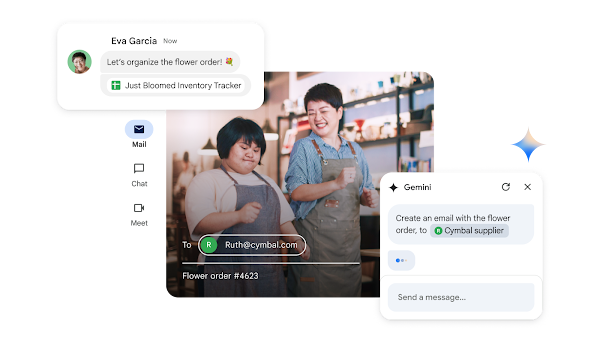 Dos empleados usan Gemini para crear un correo electrónico a partir de una hoja de cálculo de inventario para la empresa.