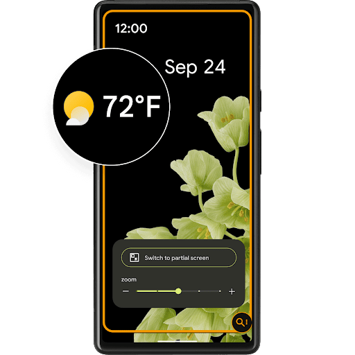 Android phone lock screen with a zoomed in view of the weather in a circle. 72 degrees fahrenheit with a partial sunny icon.