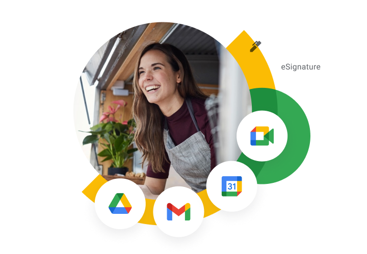 Representação gráfica dos ícones dos produtos Google Drive, Gmail, Google Agenda e Google Meet e da assinatura eletrônica ao redor de uma mulher sorridente 