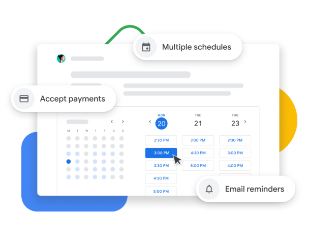 Representação gráfica da interface do Google Agenda com o agendamento de horários, que pode ser usado para aceitar pagamentos, receber confirmações de clientes e enviar lembretes por e-mail