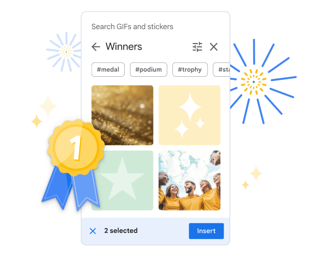 Tiện ích ảnh GIF và hình dán trong Google Trang trình bày, cho thấy một bộ hình dán theo chủ đề ‘"người chiến thắng".