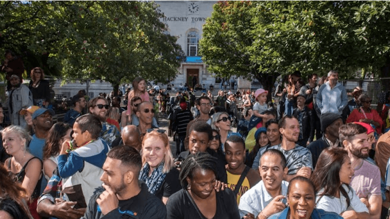 People gathered outside the Hackney Town Hall