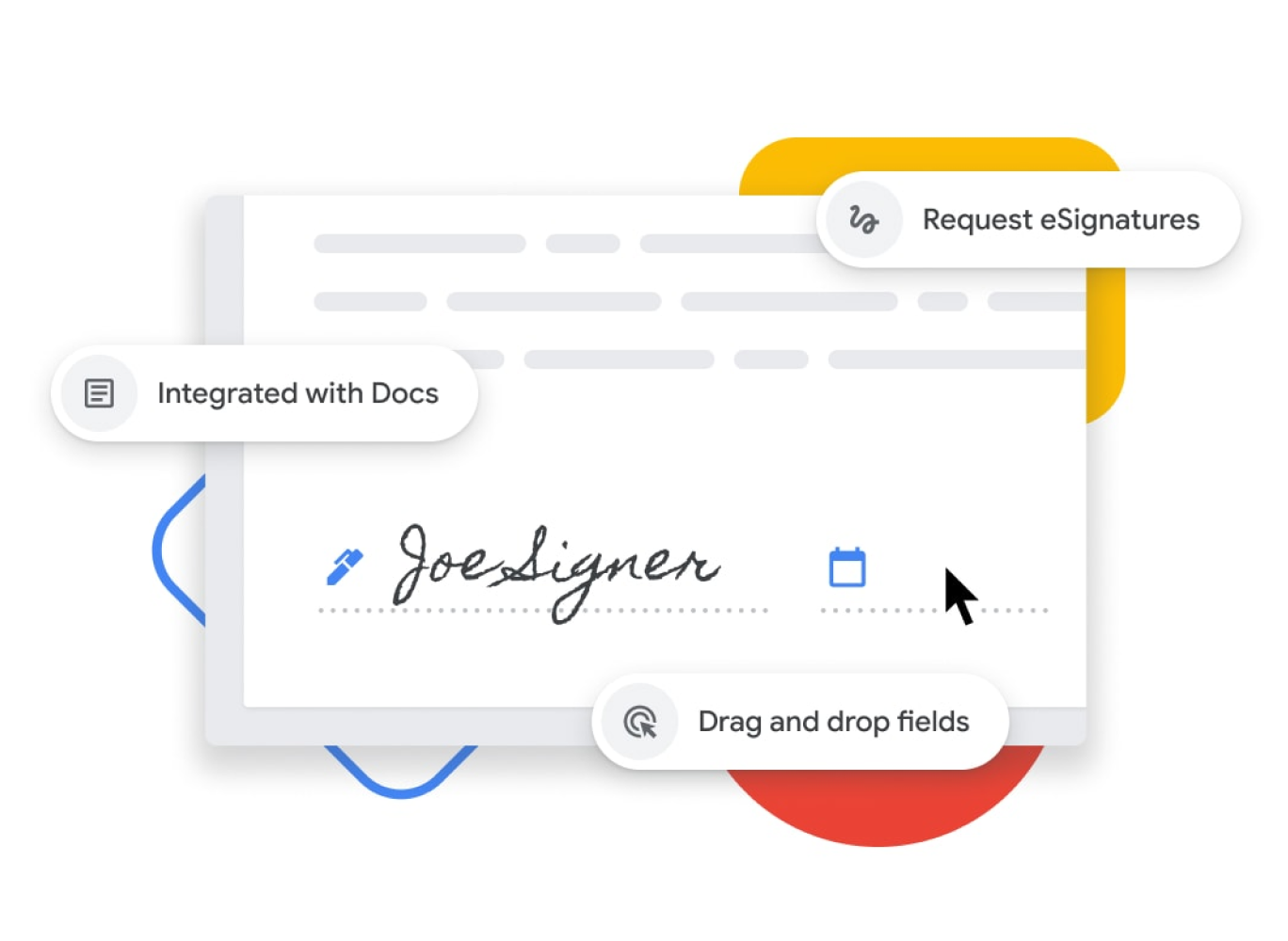 Representação gráfica do recurso de assinatura eletrônica, que pode ser usado para arrastar e soltar texto nos campos de nome e data e ser integrado ao app Documentos Google 
