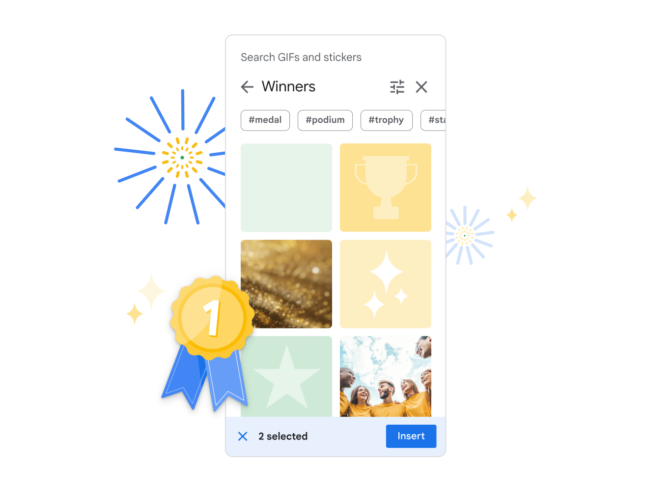 Il widget con GIF e adesivi in Presentazioni Google, con una selezione di adesivi relativi al tema "Winners".