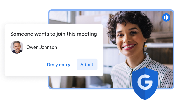 Een Google Meet-UI toont een pop-upvenster waarin staat 'Iemand wil deelnemen aan deze vergadering' en de opties Weigeren en Toelaten.