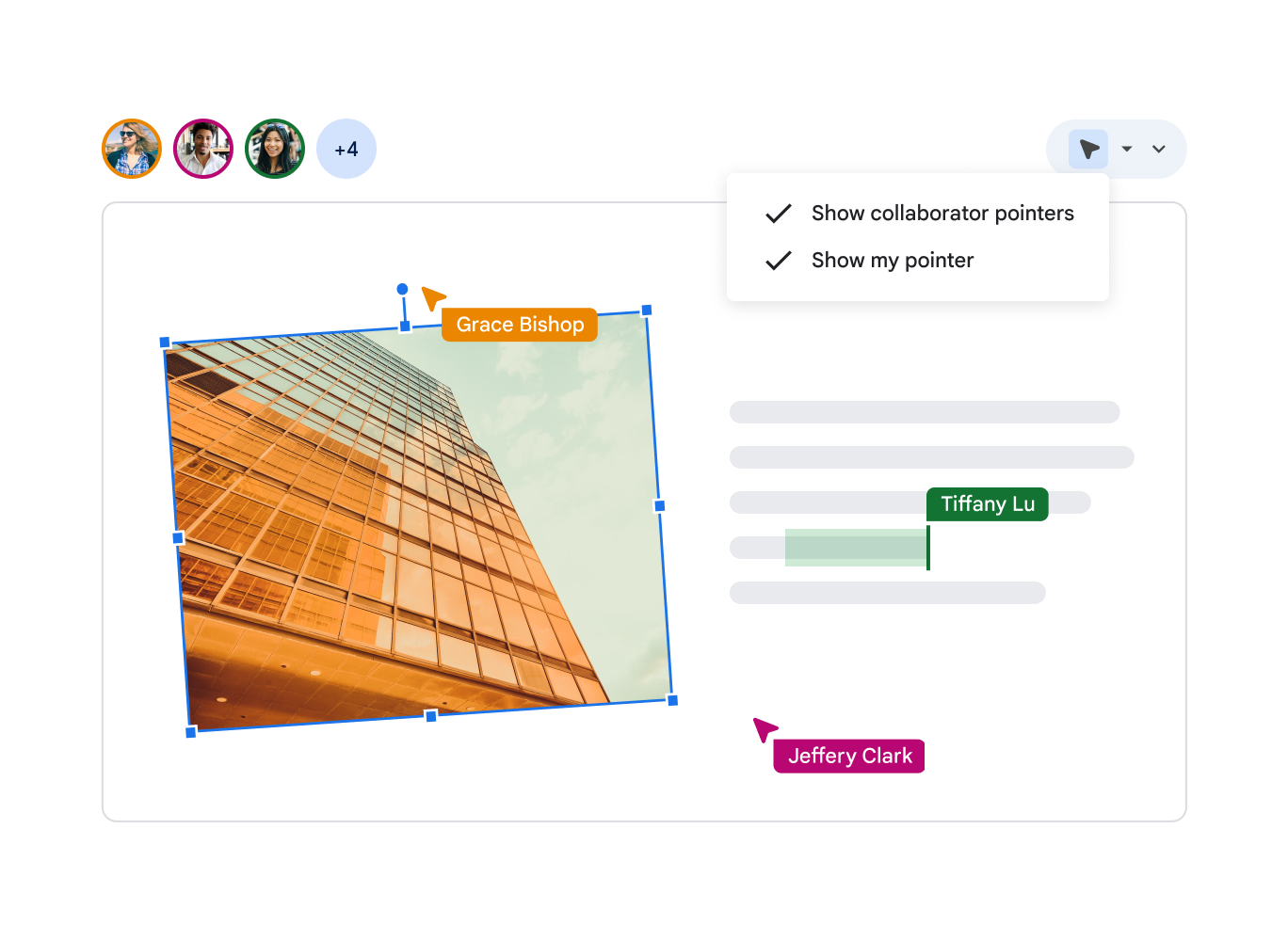 Un utente può scegliere di mostrare il proprio puntatore e quelli dei collaboratori su una slide, così tutti possono vedere esattamente chi sta facendo cosa.