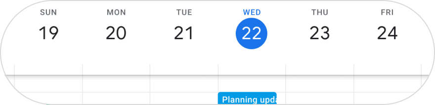 Google Calendar showing weekly schedule with a "Planning update" event on Wednesday