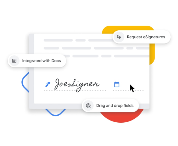 ייצוג גרפי של תכונת החתימה הדיגיטלית שמאפשרת למשתמשים לגרור ולשחרר את שדות השם והתאריך ולשלב אותם ב-Google Docs. 