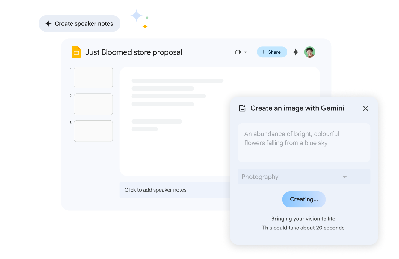 Gemini 根據 Google 簡報檔案生成圖片，整個過程大約只需 20 秒。