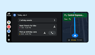 На экране показан новый интерфейс Android Auto: открыты Карты и Календарь.
