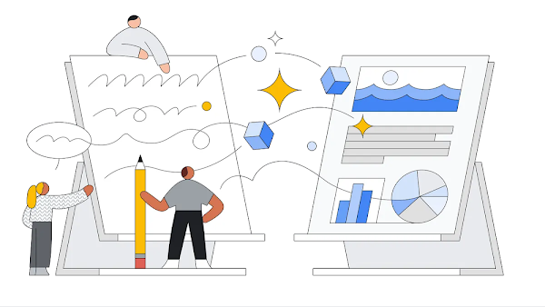 Ilustración de personas convirtiendo datos en elementos visuales