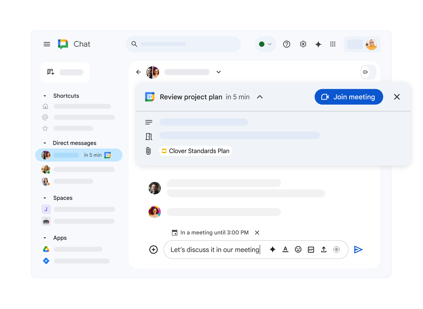 Google Chat showing an upcoming Google Calendar meeting and a link to join.