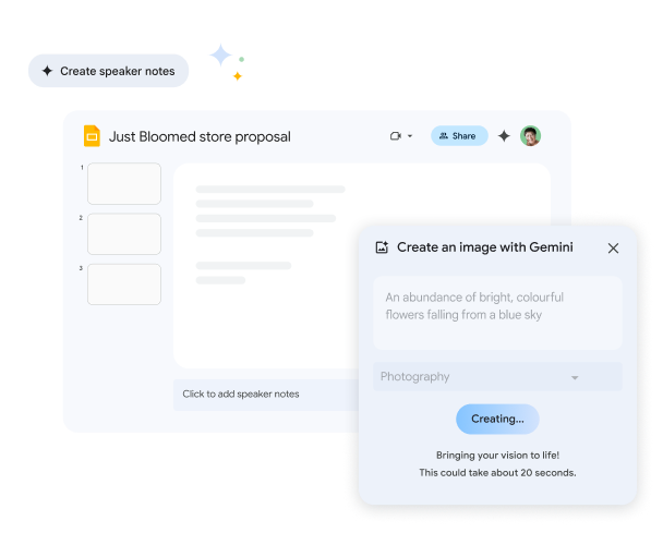 Gemini 根據 Google 簡報檔案生成圖片，整個過程大約只需 20 秒。