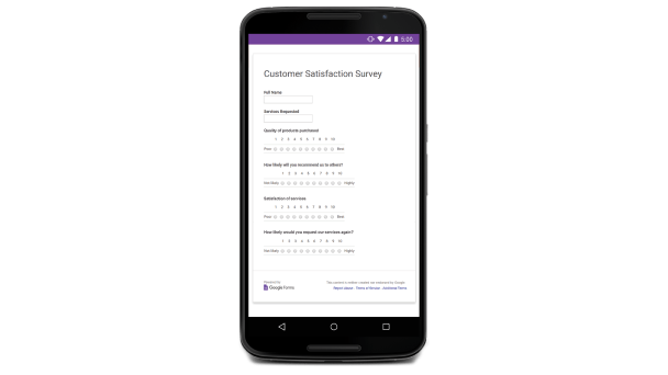 Mobil cihazda, "Customer Satisfaction Survey" (Müşteri Memnuniyeti Anketi) başlıklı Google Formlar kullanıcı arayüzü. 