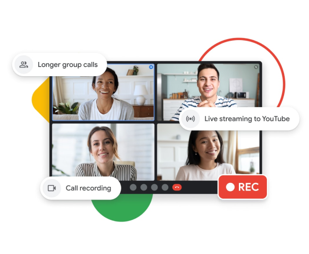 איור גרפי של שיחה ב-Google Meet עם שיחות קבוצתיות ארוכות יותר, סטרימינג בשידור חי ב-YouTube ותכונות של הקלטת השיחות.