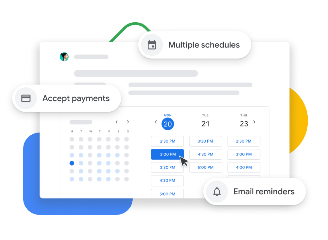 Representação gráfica de um Calendário Google com o agendamento de reuniões que permite aos utilizadores aceitar pagamentos, confirmar reuniões com os clientes e enviar lembretes por email.