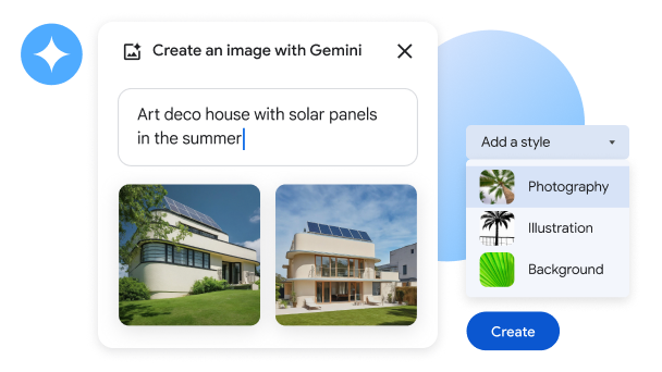 Chức năng "Giúp tôi minh hoạ" của Gemini được dùng để tạo hình ảnh bốn ngôi nhà theo phong cách kiến trúc art deco, trên mái nhà có tấm năng lượng mặt trời. 