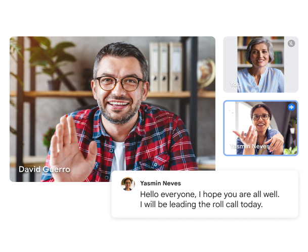 Een Google Meet-videogesprek toont 3 gebruikers. In de live transcriptie staat: Hallo allemaal, ik hoop dat het goed met jullie gaat. Ik check vandaag of iedereen er is. 
