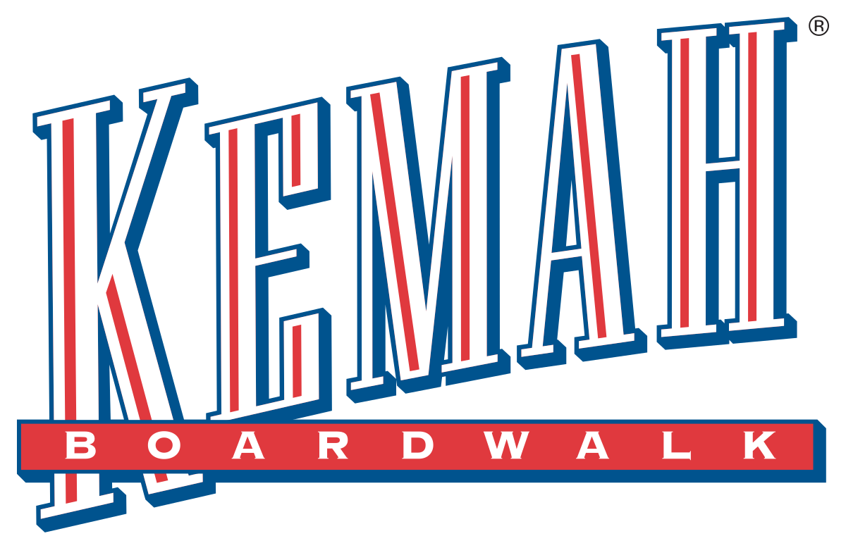 A red white and blue kemah boardwalk logo