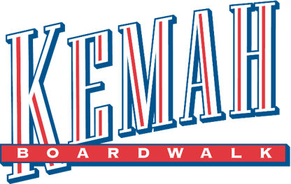 The kemah boardwalk logo is red white and blue