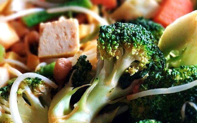 Fry pan of broccoli , carrots, celery, cubed tofu and other vegetables.